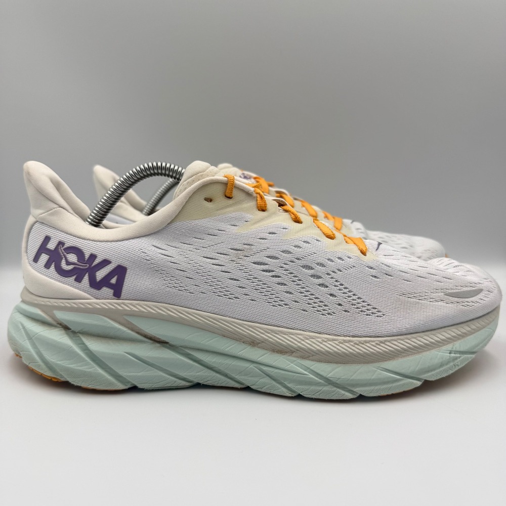 Hoka One One Clifton 8 Women Size 10.5 Running Shoes Athletic White Blue Orange
